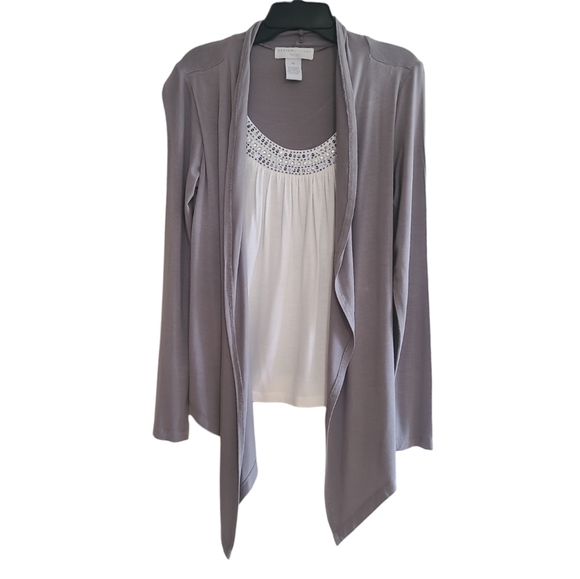 Design History Tops - Design History Women's White And Gray Blouse With Attached Long Sleeve Cardigan